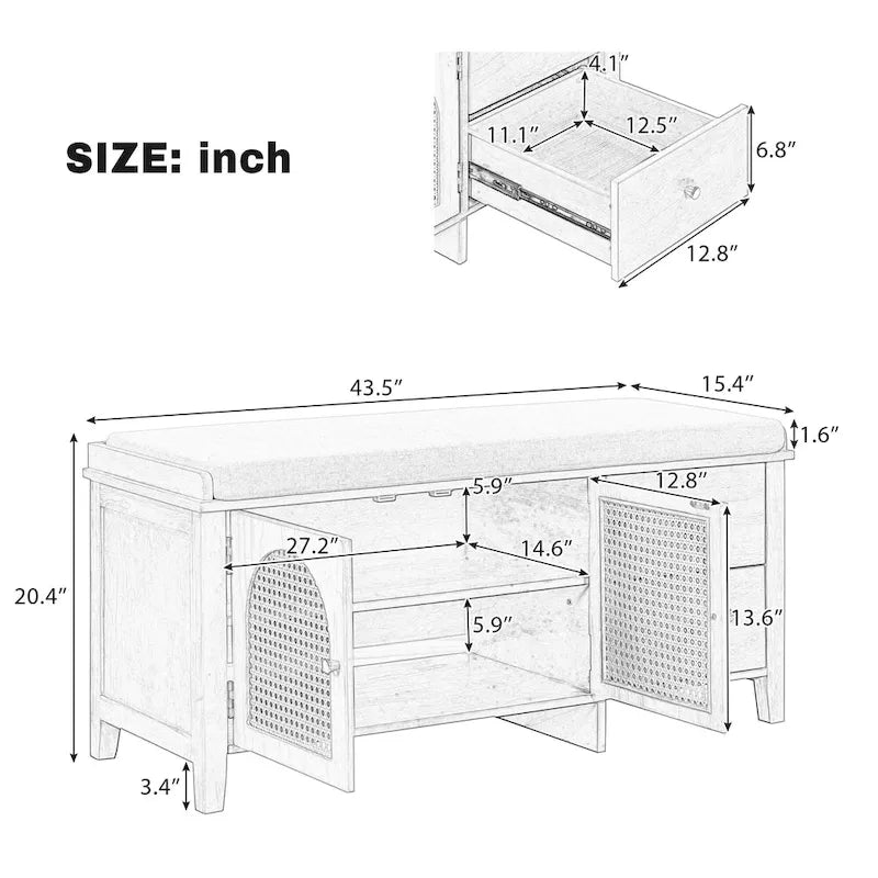Banc à chaussures d'entrée avec portes en rotin, coussin et tiroirs de rangement