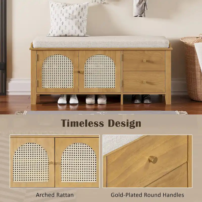 Banc à chaussures d'entrée avec portes en rotin, coussin et tiroirs de rangement