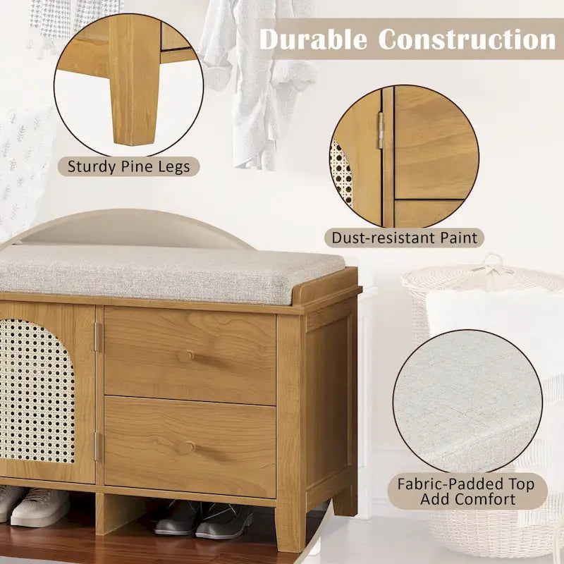 Banc à chaussures d'entrée avec portes en rotin, coussin et tiroirs de rangement