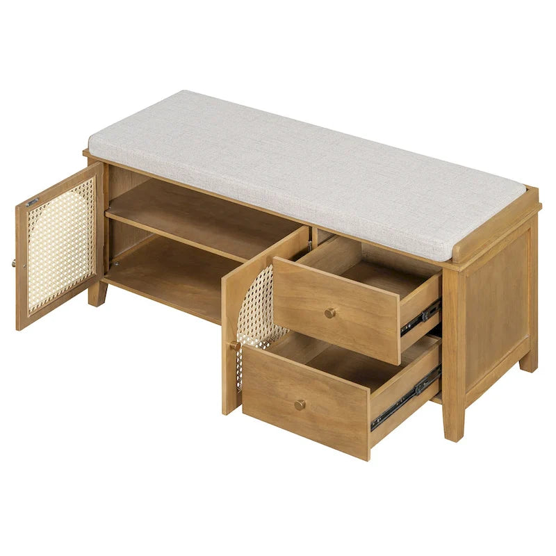 Banc à chaussures d'entrée avec portes en rotin, coussin et tiroirs de rangement