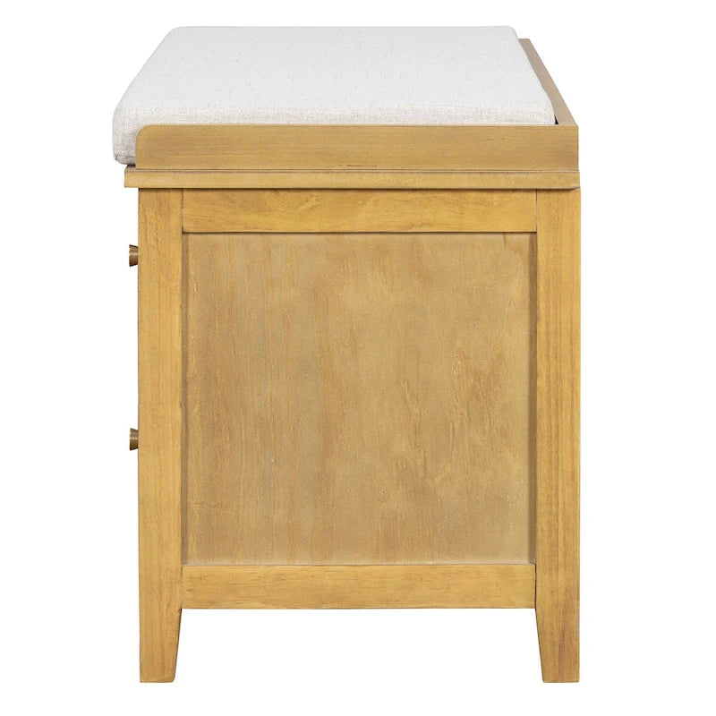 Banc à chaussures d'entrée avec portes en rotin, coussin et tiroirs de rangement