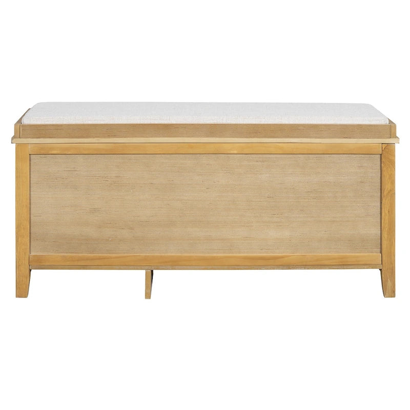 Banc à chaussures d'entrée avec portes en rotin, coussin et tiroirs de rangement