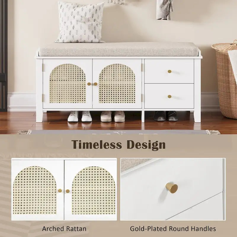 Banc à chaussures d'entrée avec portes en rotin, coussin et tiroirs de rangement