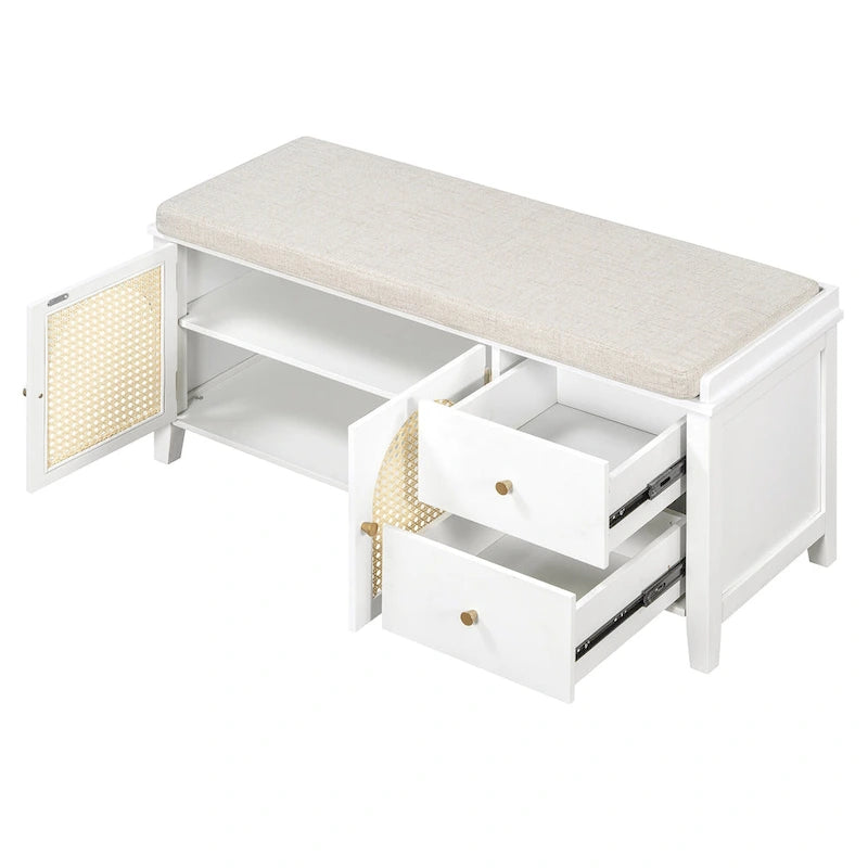 Banc à chaussures d'entrée avec portes en rotin, coussin et tiroirs de rangement