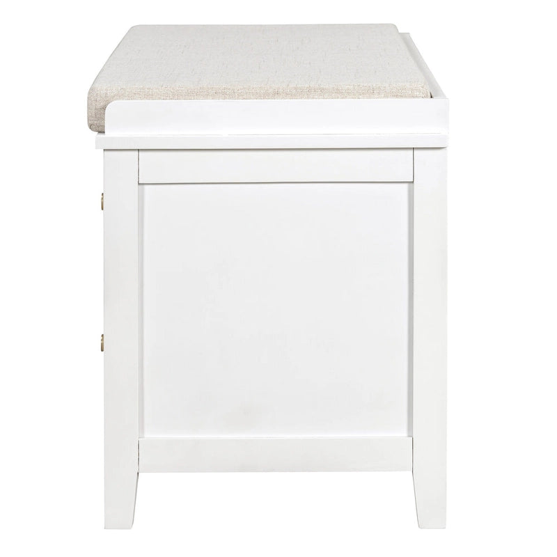 Banc à chaussures d'entrée avec portes en rotin, coussin et tiroirs de rangement