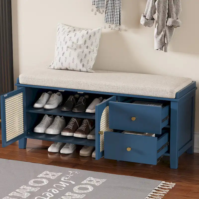 Banc à chaussures d'entrée avec portes en rotin, coussin et tiroirs de rangement