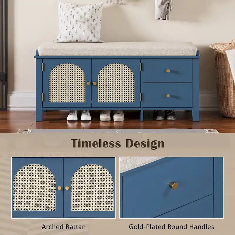 Banc à chaussures d'entrée avec portes en rotin, coussin et tiroirs de rangement