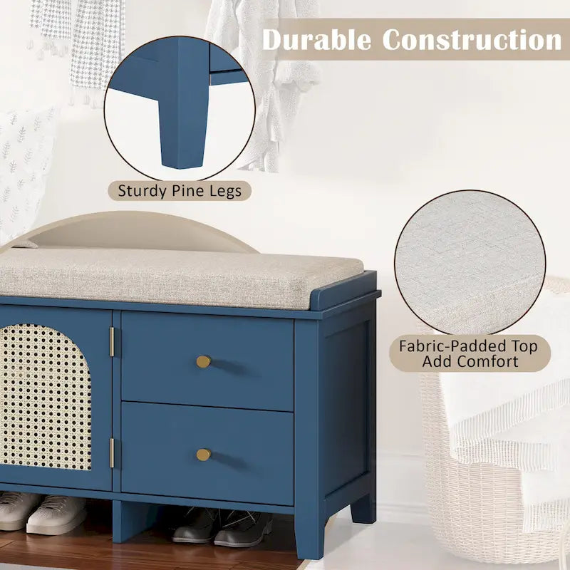 Banc à chaussures d'entrée avec portes en rotin, coussin et tiroirs de rangement
