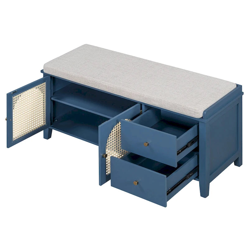 Banc à chaussures d'entrée avec portes en rotin, coussin et tiroirs de rangement