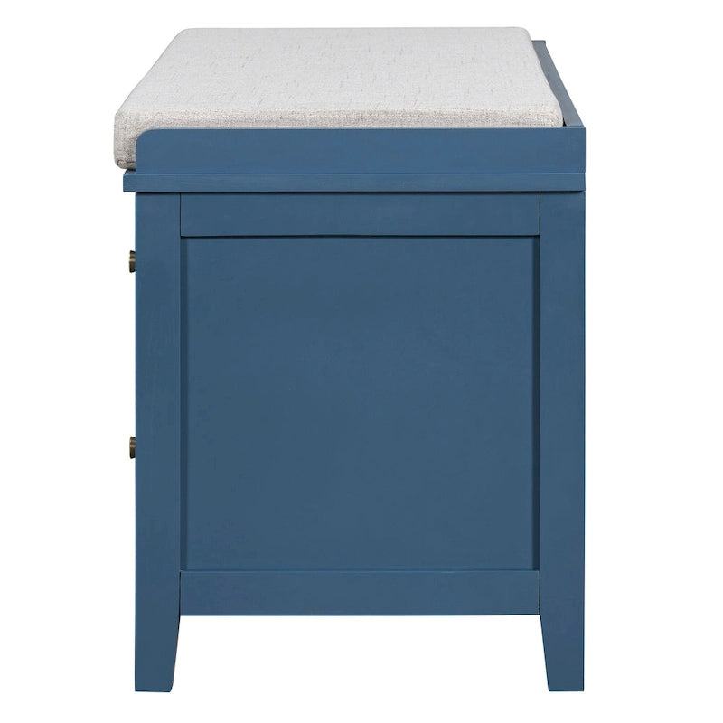 Banc à chaussures d'entrée avec portes en rotin, coussin et tiroirs de rangement