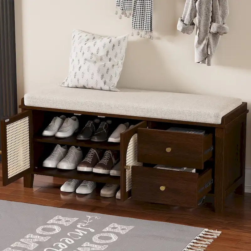 Banc à chaussures d'entrée avec portes en rotin, coussin et tiroirs de rangement