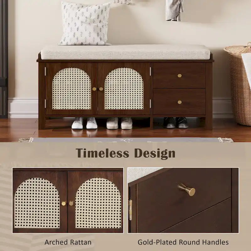 Banc à chaussures d'entrée avec portes en rotin, coussin et tiroirs de rangement