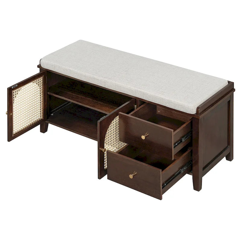 Banc à chaussures d'entrée avec portes en rotin, coussin et tiroirs de rangement