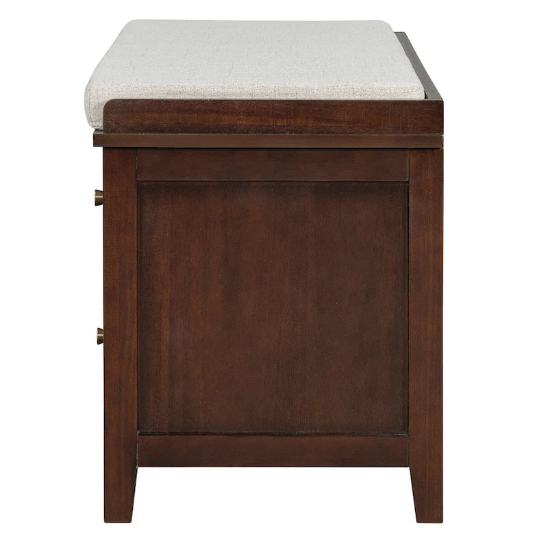 Banc à chaussures d'entrée avec portes en rotin, coussin et tiroirs de rangement