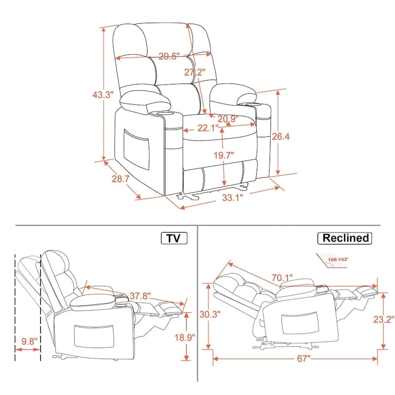 Fauteuil inclinable électrique avec fonction chaleur, massage et repose-pieds étendu