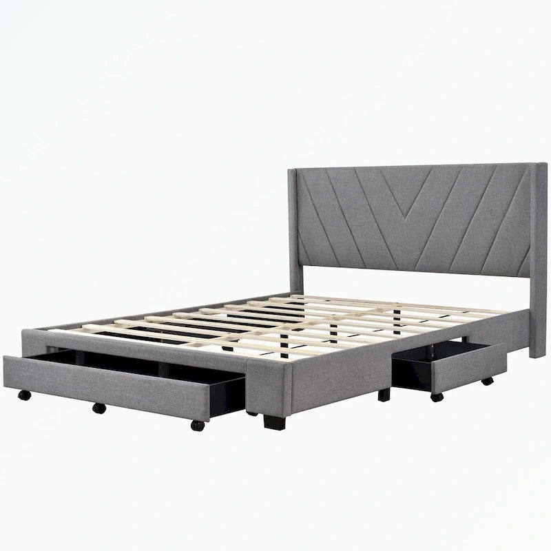 Lit plateforme tapissé en lin Queen avec tiroirs de rangement