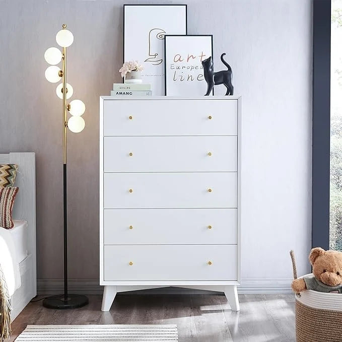 Commode à 5 tiroirs de style Mid-Century Modern avec pieds inclinés et dispositif anti-basculement