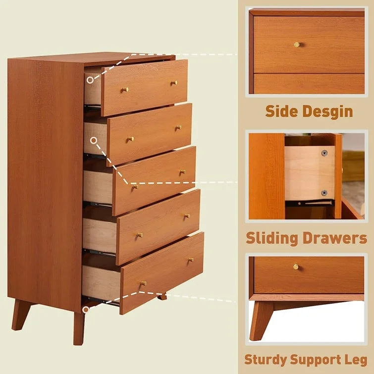 Commode à 5 tiroirs de style Mid-Century Modern avec pieds inclinés et dispositif anti-basculement