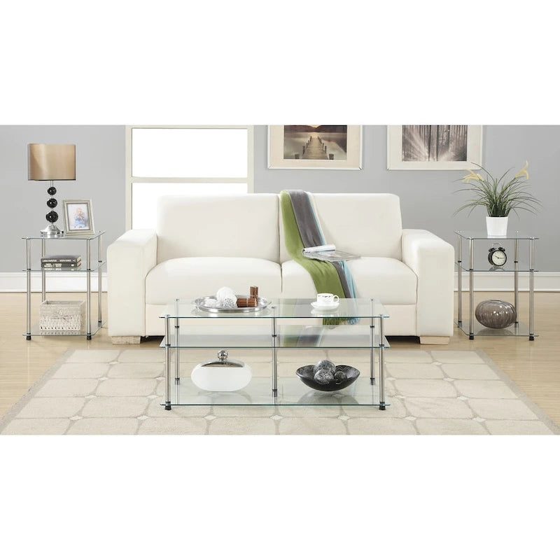 Table d'appoint à 3 niveaux en verre trempé avec pieds en acier inoxydable
