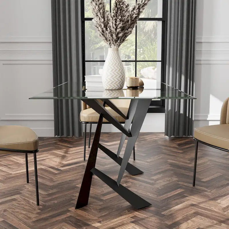 Table à manger moderne de 147 cm en verre trempé avec base sculpturale en acier noir