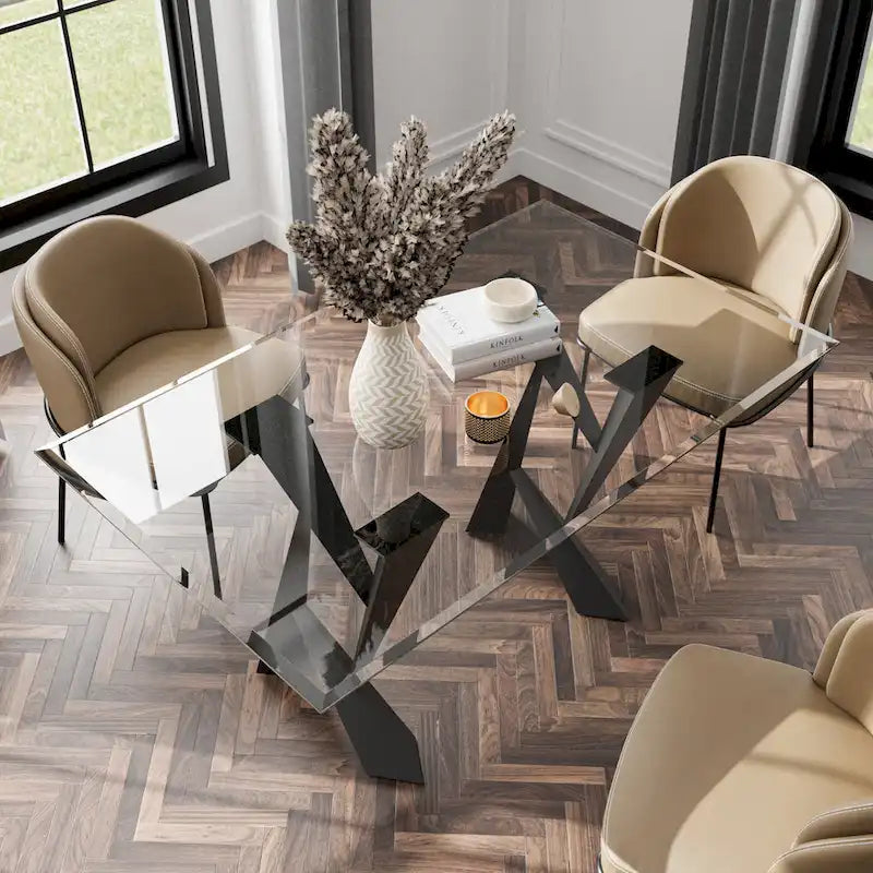 Table à manger moderne de 147 cm en verre trempé avec base sculpturale en acier noir