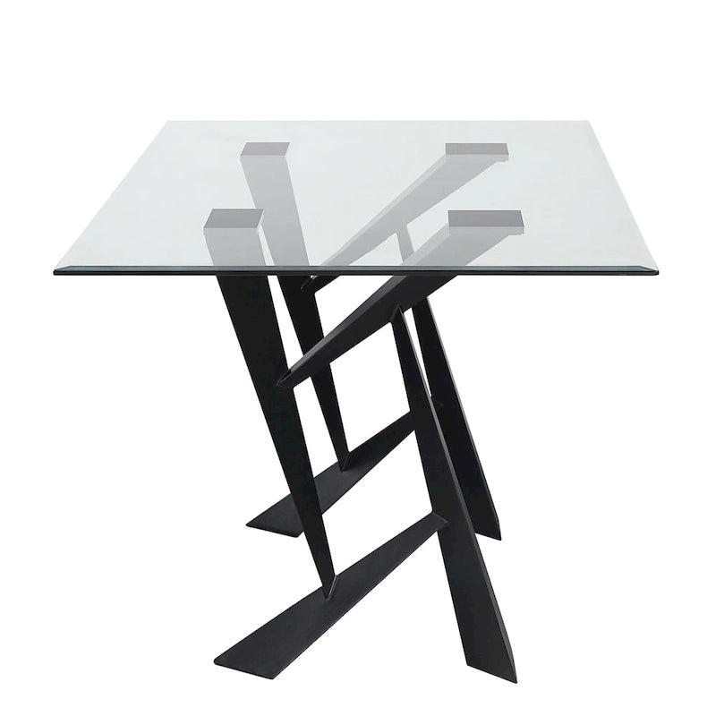 Table à manger moderne de 147 cm en verre trempé avec base sculpturale en acier noir