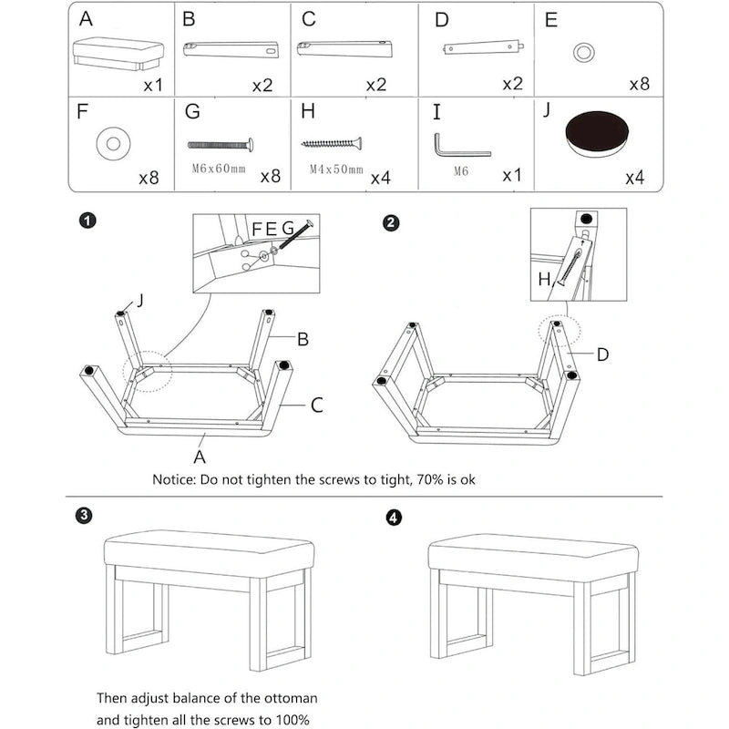 Banc pouf rembourré carré avec pieds en bois massif | Repose-pieds polyvalent