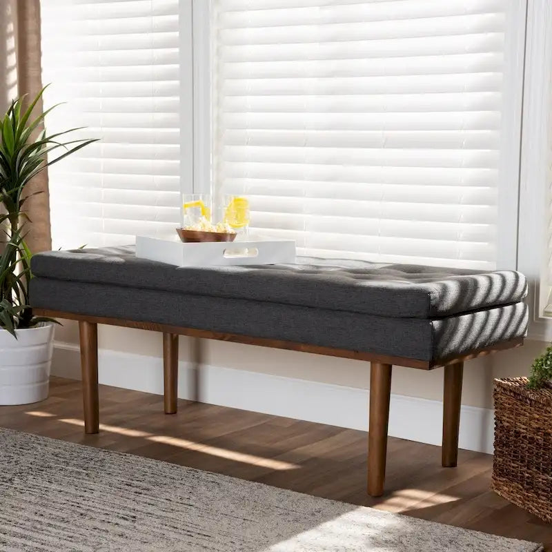 Banc capitonné Mid-Century avec pieds fuselés