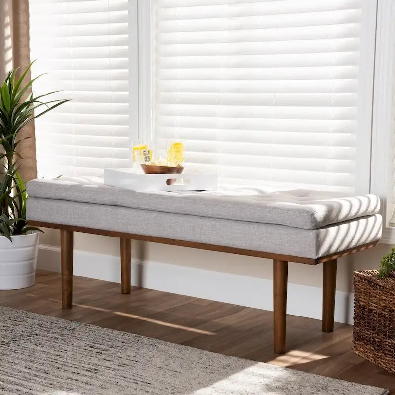 Banc capitonné Mid-Century avec pieds fuselés