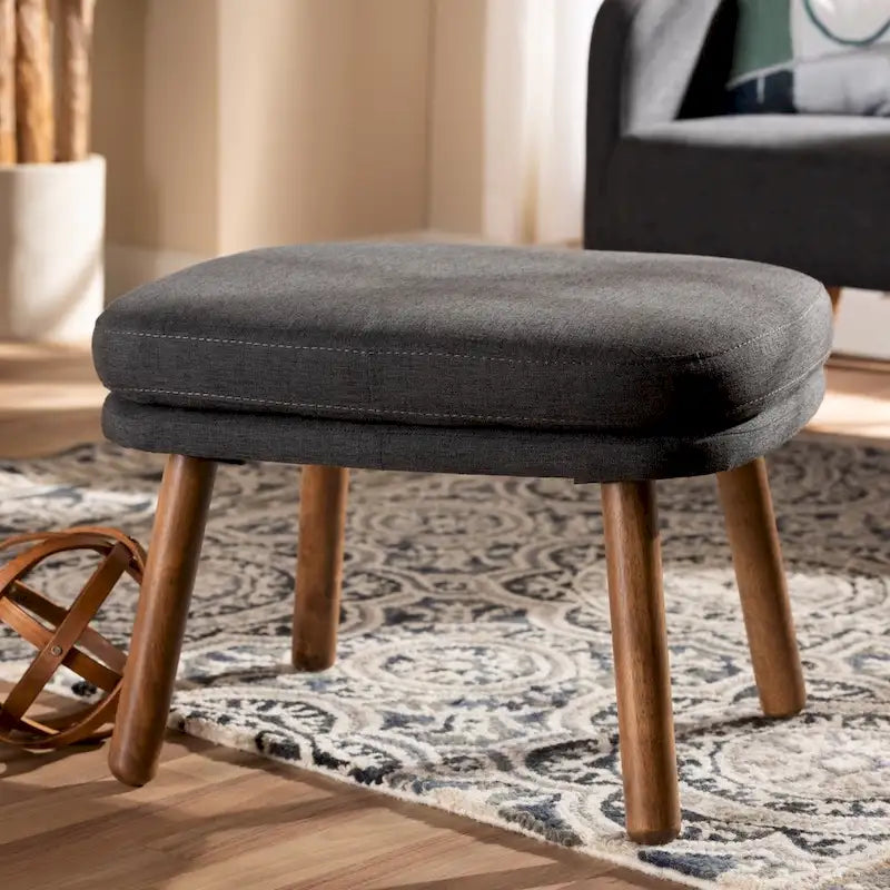 Ottoman capitonné de style Mid-Century avec pieds en bois d'hévéa