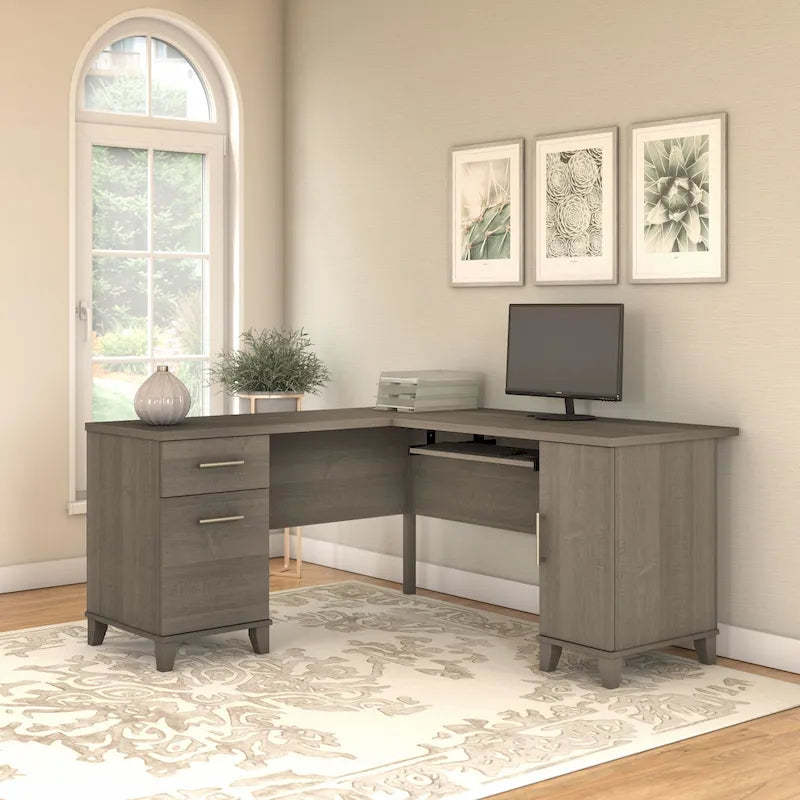 Bureau d'angle en L de 60" avec tiroirs, meuble de rangement et plateau coulissant pour clavier