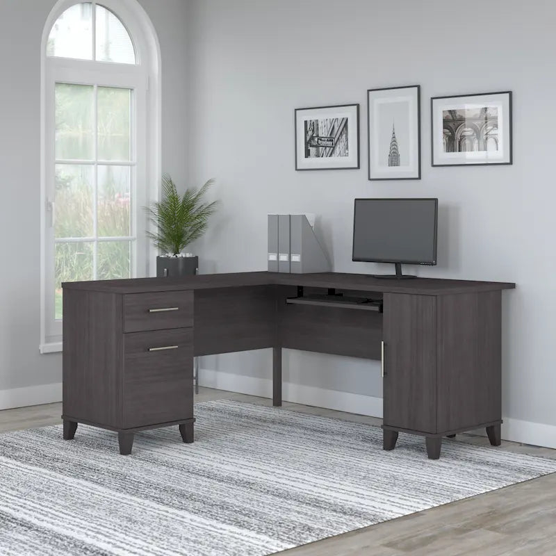 Bureau d'angle en L de 60" avec tiroirs, meuble de rangement et plateau coulissant pour clavier