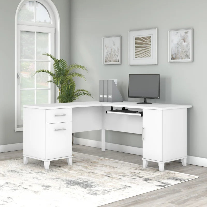 Bureau d'angle en L de 60" avec tiroirs, meuble de rangement et plateau coulissant pour clavier