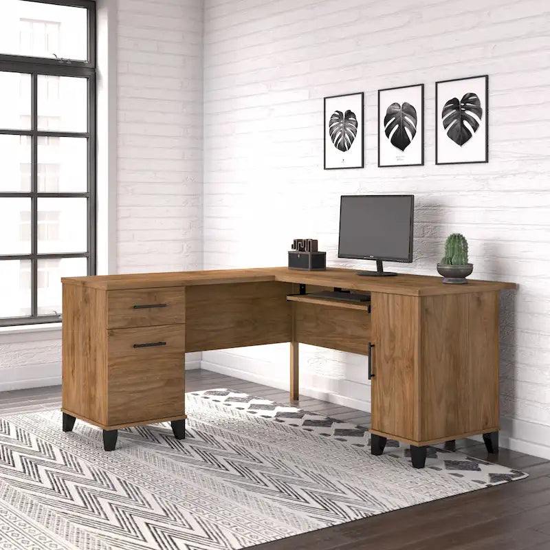 Bureau d'angle en L de 60" avec tiroirs, meuble de rangement et plateau coulissant pour clavier