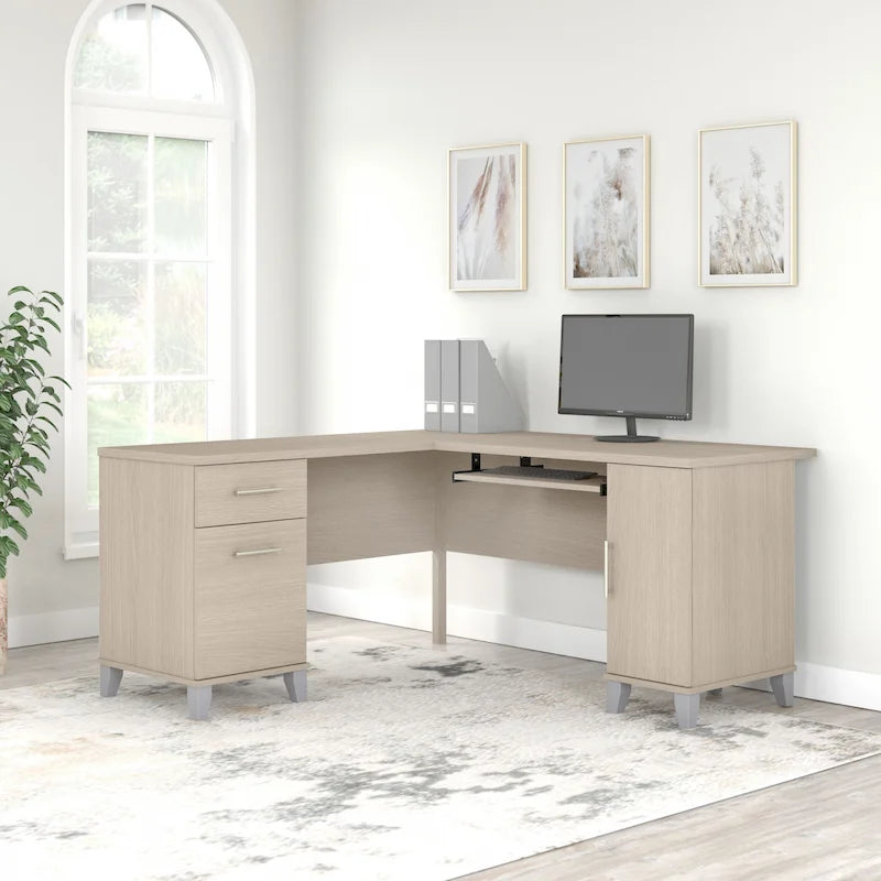 Bureau d'angle en L de 60" avec tiroirs, meuble de rangement et plateau coulissant pour clavier
