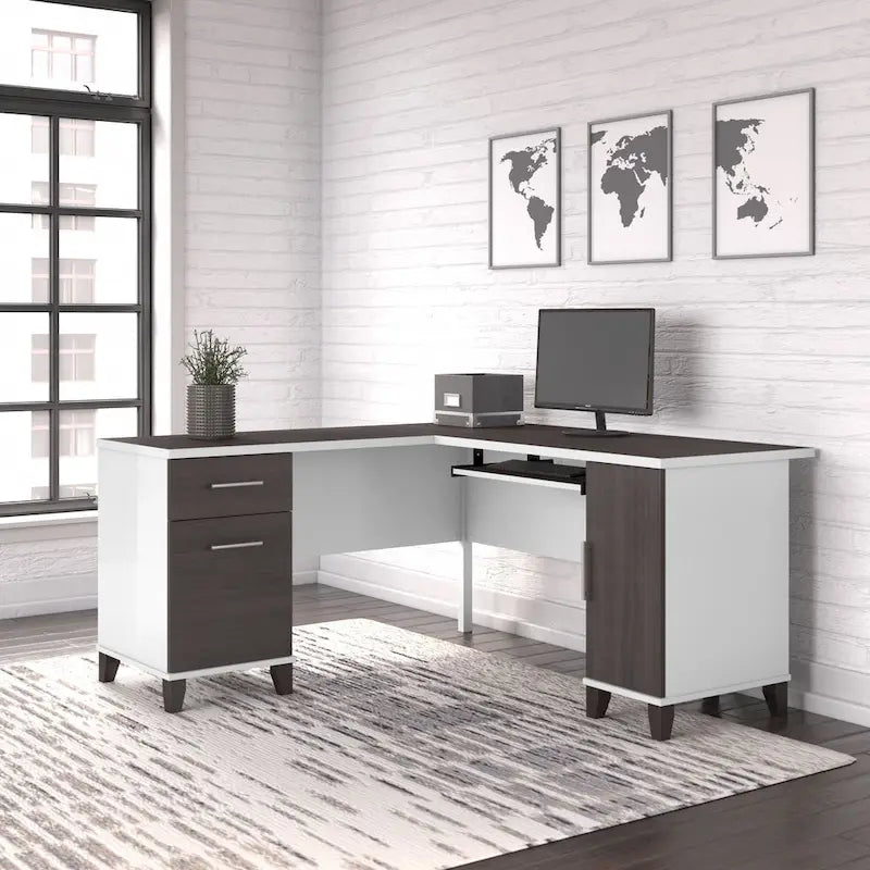 Bureau d'angle en L de 60" avec tiroirs, meuble de rangement et plateau coulissant pour clavier