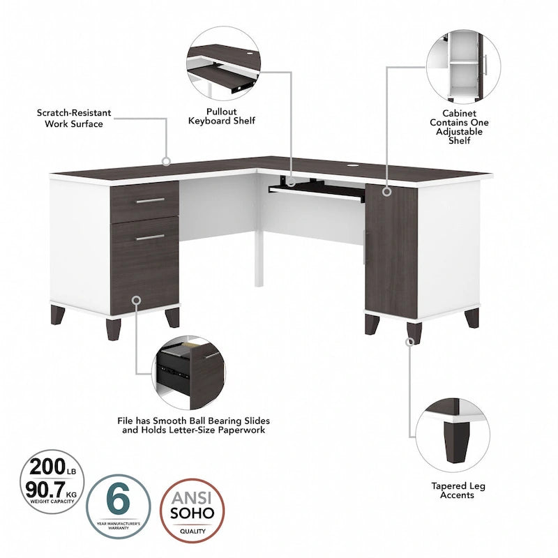 Bureau d'angle en L de 60" avec tiroirs, meuble de rangement et plateau coulissant pour clavier