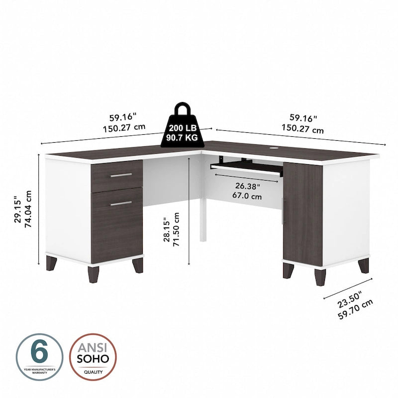 Bureau d'angle en L de 60" avec tiroirs, meuble de rangement et plateau coulissant pour clavier