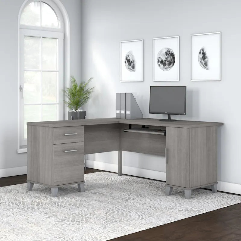 Bureau d'angle en L de 60" avec tiroirs, meuble de rangement et plateau coulissant pour clavier