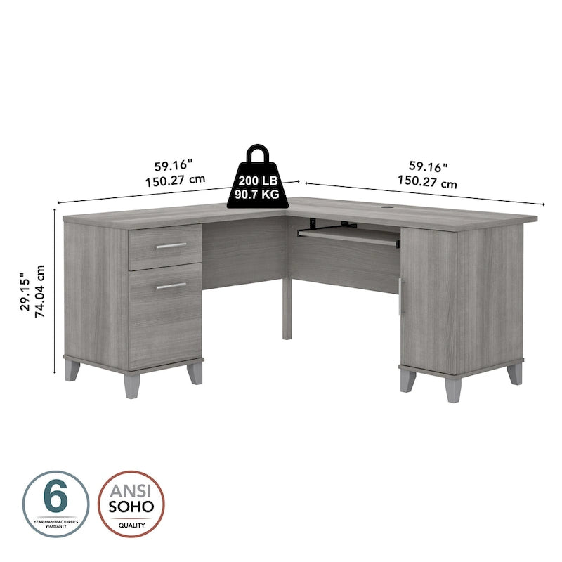 Bureau d'angle en L de 60" avec tiroirs, meuble de rangement et plateau coulissant pour clavier