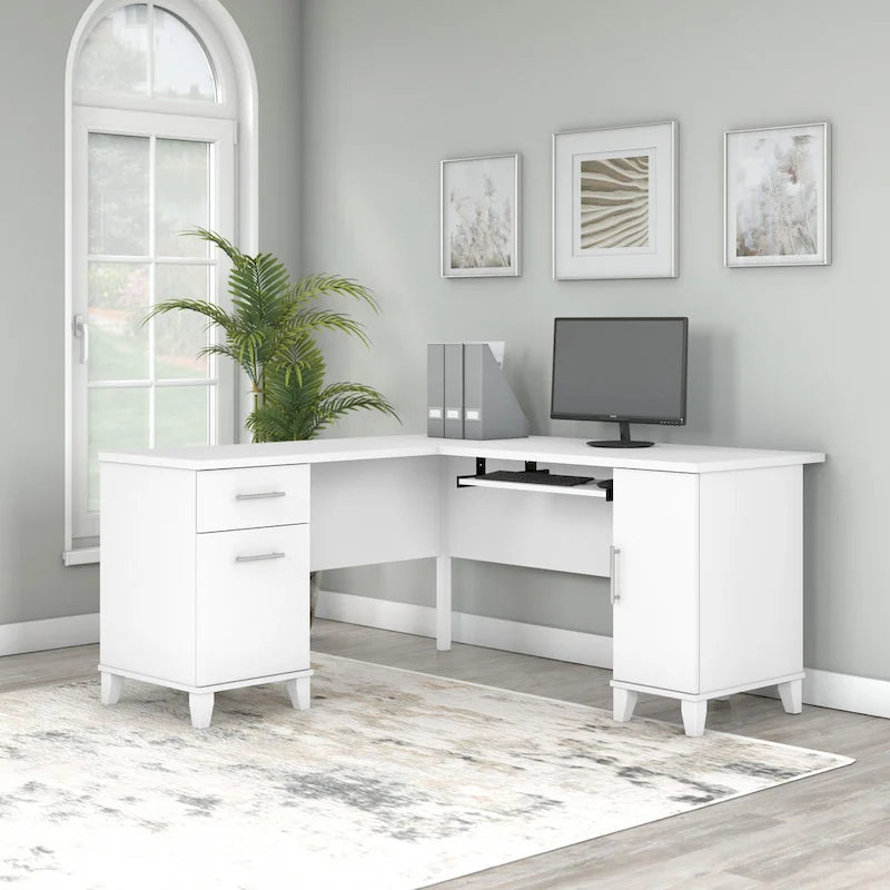 Bureau d'angle en L de 60" avec tiroirs, meuble de rangement et plateau coulissant pour clavier