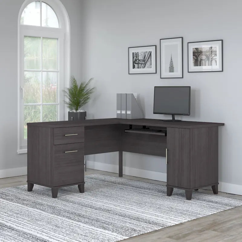 Bureau d'angle en L de 60" avec tiroirs, meuble de rangement et plateau coulissant pour clavier