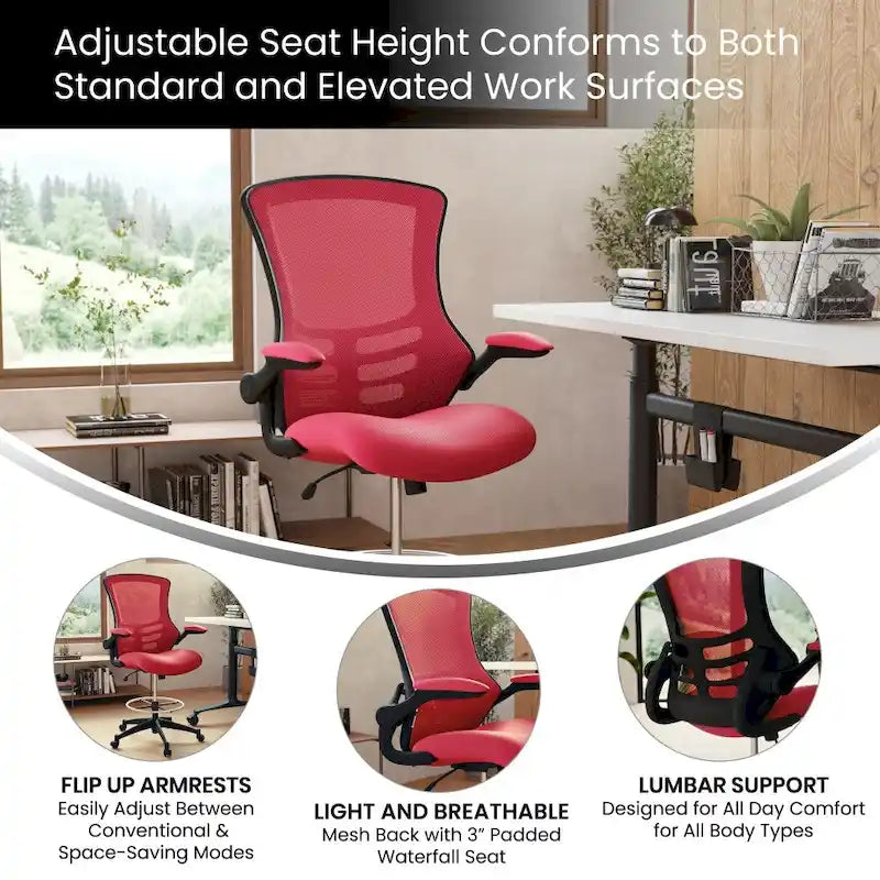 Fauteuil de bureau ergonomique mi-dos en maille avec accoudoirs relevables et repose-pieds réglable