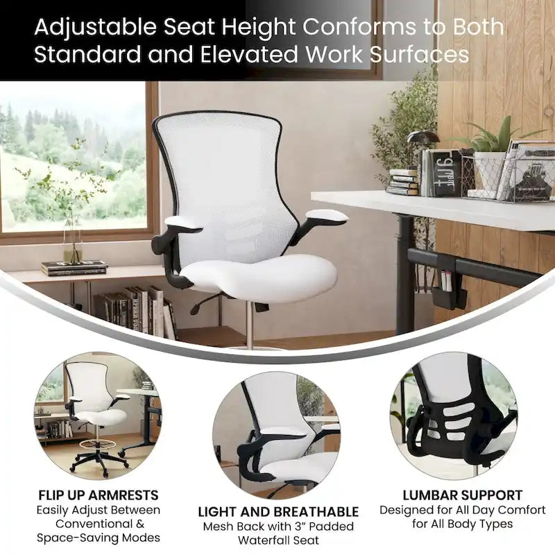 Fauteuil de bureau ergonomique mi-dos en maille avec accoudoirs relevables et repose-pieds réglable