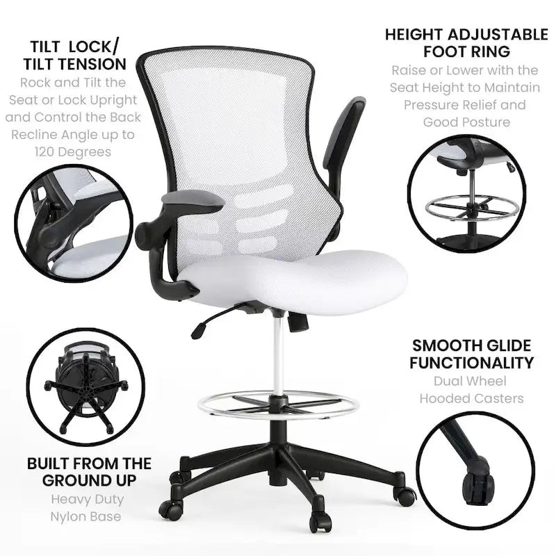 Fauteuil de bureau ergonomique mi-dos en maille avec accoudoirs relevables et repose-pieds réglable