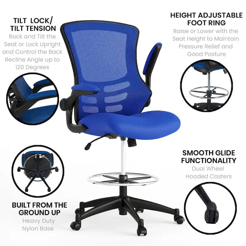Fauteuil de bureau ergonomique mi-dos en maille avec accoudoirs relevables et repose-pieds réglable