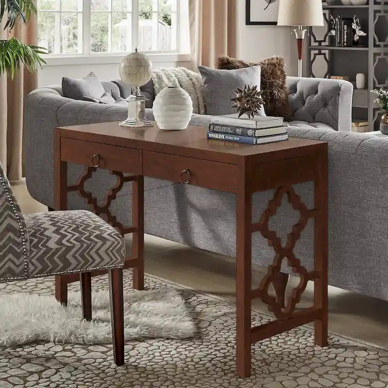 Bureau de 112 cm avec 2 tiroirs et motif quadrilobe sur les côtés