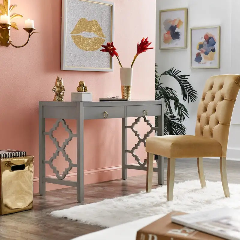 Bureau de 112 cm avec 2 tiroirs et motif quadrilobe sur les côtés