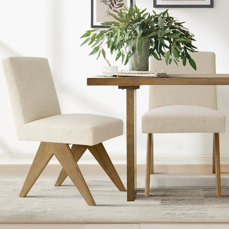 Chaise de salle à manger capitonnée en lin style Mid-Century avec pieds en bois