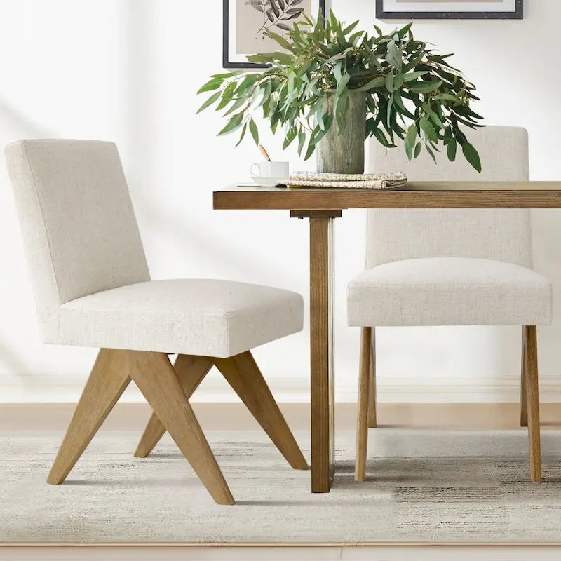 Chaise de salle à manger capitonnée en lin style Mid-Century avec pieds en bois